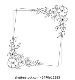 Floral and square hand drawn style. Floral black and white frame of twigs, leaves and flowers. Frames for the Valentine's day, wedding decor, logo and identity template.