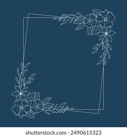 Floral and square hand drawn style. Floral navy frame of twigs, leaves and flowers. Frames for the Valentine's day, wedding decor, logo and identity template.