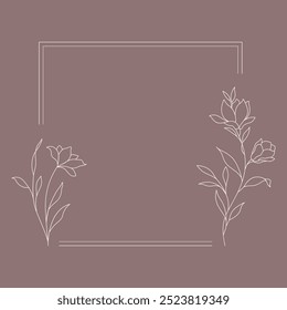 Floral and square hand drawn style. Floral brown frame of twigs, leaves and flowers. Frames for the Valentine's day, wedding decor, logo and identity template.