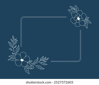 Floral and square hand drawn style. Floral navy frame of twigs, leaves and flowers. Frames for the Valentine's day, wedding decor, logo and identity template.