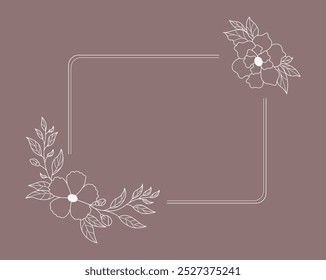 Floral and square hand drawn style. Floral brown frame of twigs, leaves and flowers. Frames for the Valentine's day, wedding decor, logo and identity template.