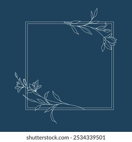 Floral and square hand drawn style. Floral navy frame of twigs, leaves and flowers. Frames for the Valentine's day, wedding decor, logo and identity template.