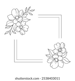 Floral and square hand drawn style. Floral black and white frame of twigs, leaves and flowers. Frames for the Valentine's day, wedding decor, logo and identity template.