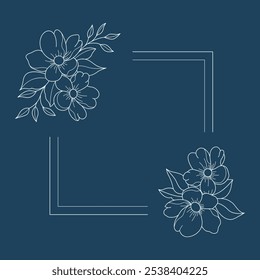 Floral and square hand drawn style. Floral navy frame of twigs, leaves and flowers. Frames for the Valentine's day, wedding decor, logo and identity template.