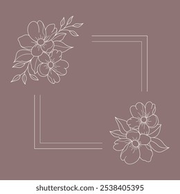 Floral and square hand drawn style. Floral brown frame of twigs, leaves and flowers. Frames for the Valentine's day, wedding decor, logo and identity template.