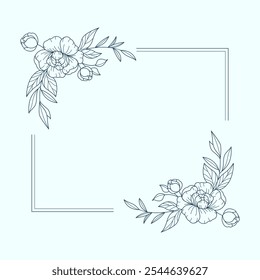 Floral and square hand drawn style. Floral navy frame of twigs, leaves and flowers. Frames for the Valentine's day, wedding decor, logo and identity template.