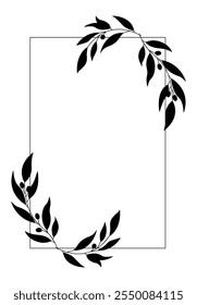 Estilo desenhado à mão floral e quadrada. Quadro floral preto e branco de galhos, folhas e flores. Quadros para o dia dos namorados, decoração de casamento, logotipo e modelo de identidade.