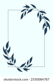 Floral and square hand drawn style. Floral navy frame of twigs, leaves and flowers. Frames for the Valentine's day, wedding decor, logo and identity template.