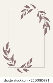 Floral and square hand drawn style. Floral brown frame of twigs, leaves and flowers. Frames for the Valentine's day, wedding decor, logo and identity template.