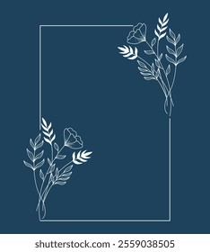 Floral and square hand drawn style. Floral navy frame of twigs, leaves and flowers. Frames for the Valentine's day, wedding decor, logo and identity template.