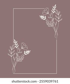 Floral and square hand drawn style. Floral brown frame of twigs, leaves and flowers. Frames for the Valentine's day, wedding decor, logo and identity template.