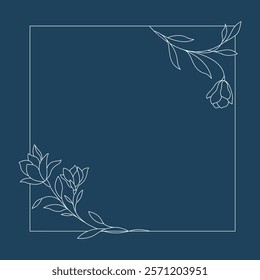 Floral and square hand drawn style. Floral navy frame of twigs, leaves and flowers. Frames for the Valentine's day, wedding decor, logo and identity template.