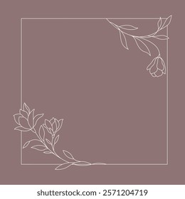 Floral and square hand drawn style. Floral brown frame of twigs, leaves and flowers. Frames for the Valentine's day, wedding decor, logo and identity template.