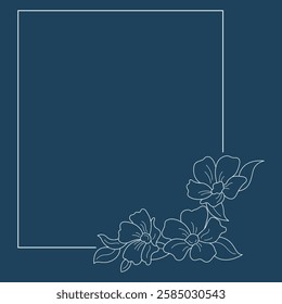 Floral and square hand drawn style. Floral navy frame of twigs, leaves and flowers. Frames for the Valentine's day, wedding decor, logo and identity template.