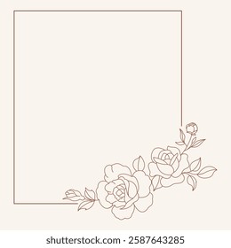 Floral and square hand drawn style. Floral brown frame of twigs, leaves and flowers. Frames for the Valentine's day, wedding decor, logo and identity template.