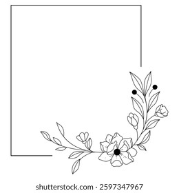 Floral and square hand drawn style. Floral black and white frame of twigs, leaves and flowers. Frames for the Valentine's day, wedding decor, logo and identity template.