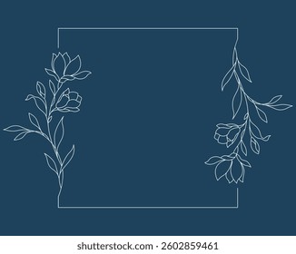 Floral and square hand drawn style. Floral navy frame of twigs, leaves and flowers. Frames for the Valentine's day, wedding decor, logo and identity template.