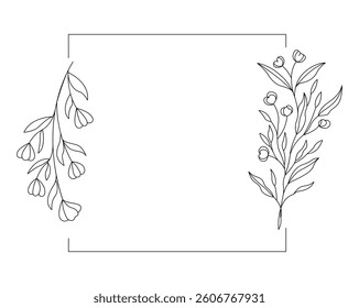 Floral and square hand drawn style. Floral black and white frame of twigs, leaves and flowers. Frames for the Valentine's day, wedding decor, logo and identity template.