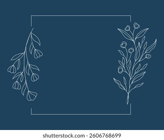 Floral and square hand drawn style. Floral navy frame of twigs, leaves and flowers. Frames for the Valentine's day, wedding decor, logo and identity template.