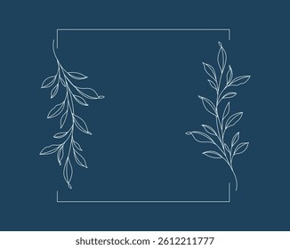 Floral and square hand drawn style. Floral navy frame of twigs, leaves and flowers. Frames for the Valentine's day, wedding decor, logo and identity template.