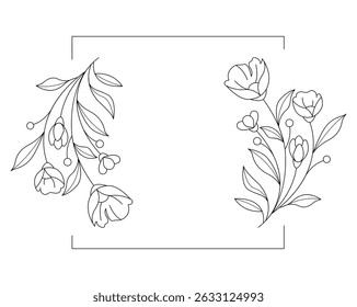 Floral and square hand drawn style. Floral black and white frame of twigs, leaves and flowers. Frames for the Valentine's day, wedding decor, logo and identity template.