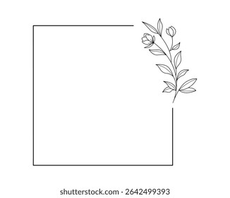 Floral and square hand drawn style. Floral black and white frame of twigs, leaves and flowers. Frames for the Valentine's day, wedding decor, logo and identity template.