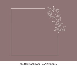 Floral and square hand drawn style. Floral brown frame of twigs, leaves and flowers. Frames for the Valentine's day, wedding decor, logo and identity template.