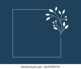 Estilo desenhado à mão floral e quadrada. Quadro floral da marinha de galhos, folhas e flores. Quadros para o dia dos namorados, decoração de casamento, logotipo e modelo de identidade.