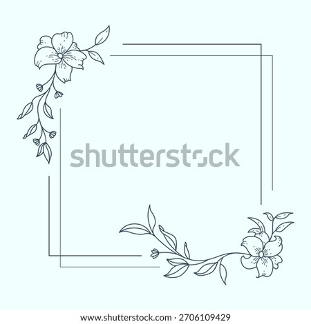 Floral and square hand drawn style. Floral navy frame of twigs, leaves and flowers. Frames for the Valentine's day, wedding decor, logo and identity template.