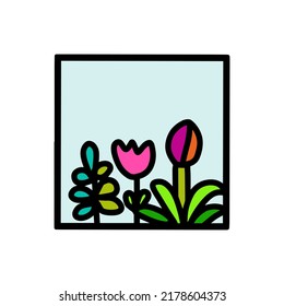 Floral square logo icon in cartoon doole style growing plants green purple pink