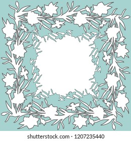 Floral square ornament border with hand drawn flowers daffodils, narcissus. Color contour floral elements on white. For wedding diesign, greeting card, invitation, frame mockup.