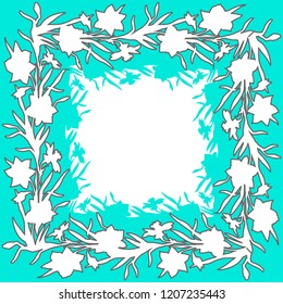 Floral square ornament border with hand drawn flowers daffodils, narcissus. Color contour floral elements on white. For wedding diesign, greeting card, invitation, frame mockup.