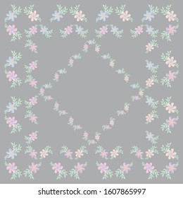 Floral square pattern in pastel colors. Flowers with leaves and twigs pink blue on a gray background for a tablecloth, napkin, scarf, postcard, textile, fabric, bandana, scarf, carpet