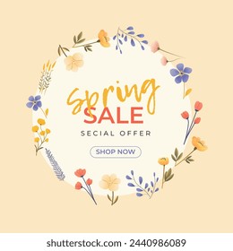 Floral square sale banner. Vector illustrations and border of spring cute flowers for poster, card, invitation, flyer, cover, banner, placard, brochure and other graphic design for social media post