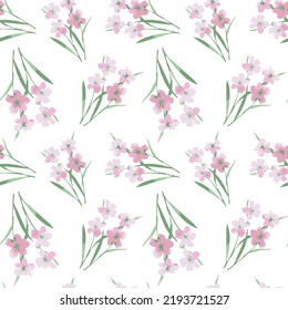 Floral square seamless pattern with pink  flowers, green twigs, buds, leaves on white background, hand draw watercolor painting, botanical illustration, vintage