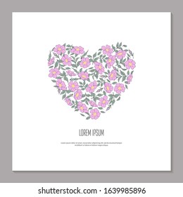 Floral square template for greeting card. Cover for social media posts, mobile apps, banners design and web internet. Pink flower rose hip and leaf in shape of heart hand drawing. Vector illustration