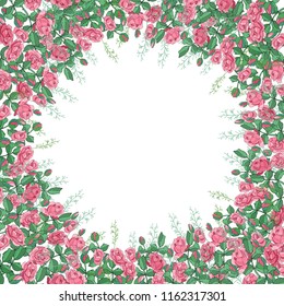 Floral square template with red roses. Excellent print for greeting cards, clothes, bed linens, fabric, textiles, gift box