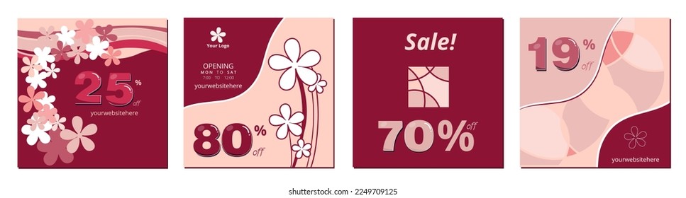 Floral square templates suitable for social media posts, mobile apps, cards, invitations, banners, web, internet ads. Vector illustration. Set of Spring sale background poster with beautiful flowers