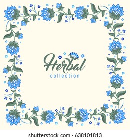 Floral square vintage frame, Jacobean style flowers. Colorful herbal wreath. Vector illustration. Herbal collection, blue meadow flowers
