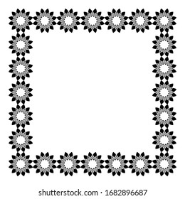 Floral squared frame, black contour flowers on white background. Border with vintage folk ornament. Design for web page, textures, card, poster, fabric, textile.