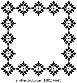 Floral squared frame, black contour flowers on white background. Border with vintage folk ornament. Design for web page, textures, card, poster, fabric, textile.
