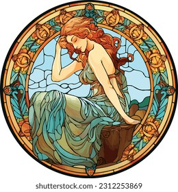 Floral stained glass motif of woman with red hair sitting in a garden.