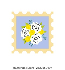 A floral stamp with white roses and yellow accents on a blue background