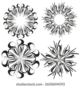 Floral star icons. Radial blossom symbols. Abstract flare Vector. Symmetry flower shapes.