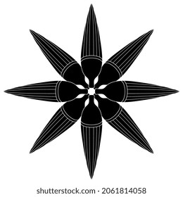 Floral star shape or mandala with stylized lotus buds. Ancient Egyptian ethnic motif. Black and white negative silhouette.