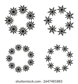 Coroas de estrelas florais. Elementos de flor decorativos. Ornamentos de natureza circulares. Padrão botânico vetorial.