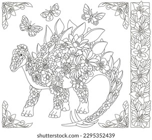 Floral stegosaurus dinosaur. Adult coloring book page with fantasy animal and flower elements