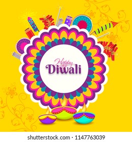 Floral sticker with firecrackers and illuminated colorful oil lamps (Diya) on yellow background for celebration of Indian festival Diwali.