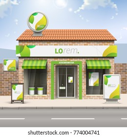 Floral store design with green leaves. Elements of outdoor advertising. Corporate identity