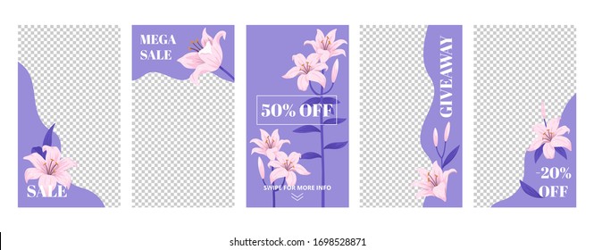 Floral stories template. Pink lilies composition layout. Trendy social media story template. Vector set.